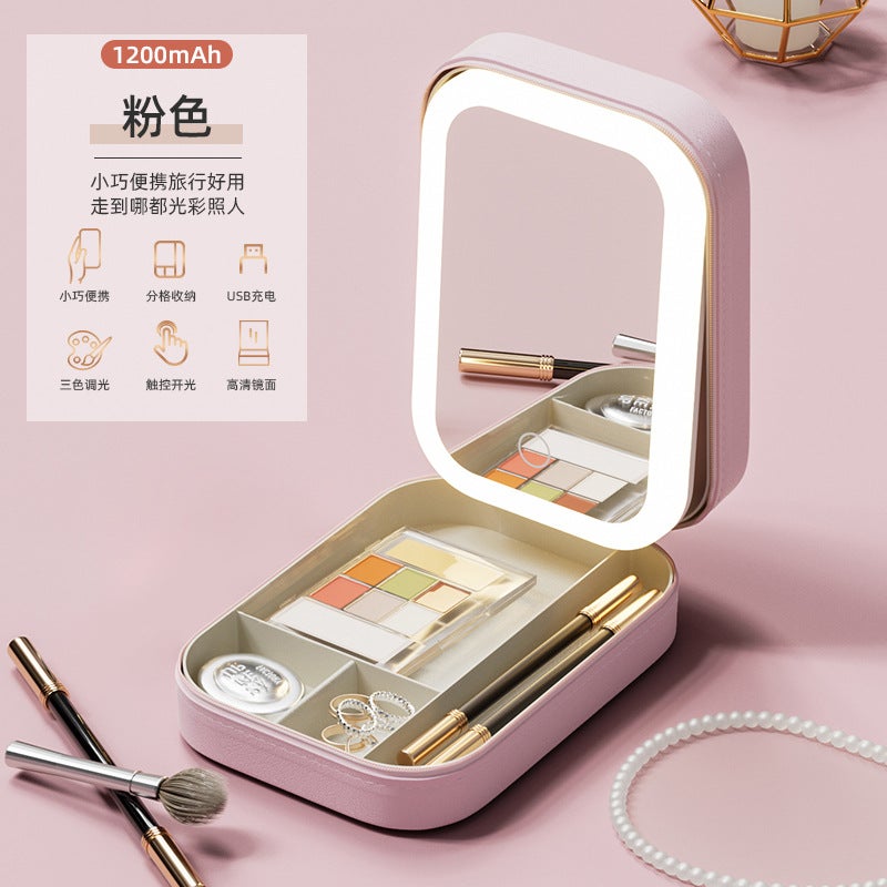 Multi-Functional Portable Jewelry Box Makeup Mirror Led Three-Color Mirror Folding Makeup Box Beauty Mirror - Image 1